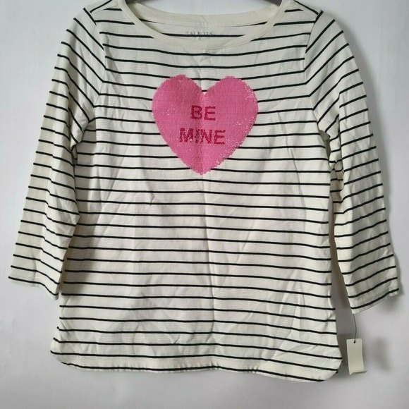Talbots Stripe Be Mine Sequin Heart Tee 3/4 Sleeve Size XS Ivory Black Pink NWT - Picture 2 of 10